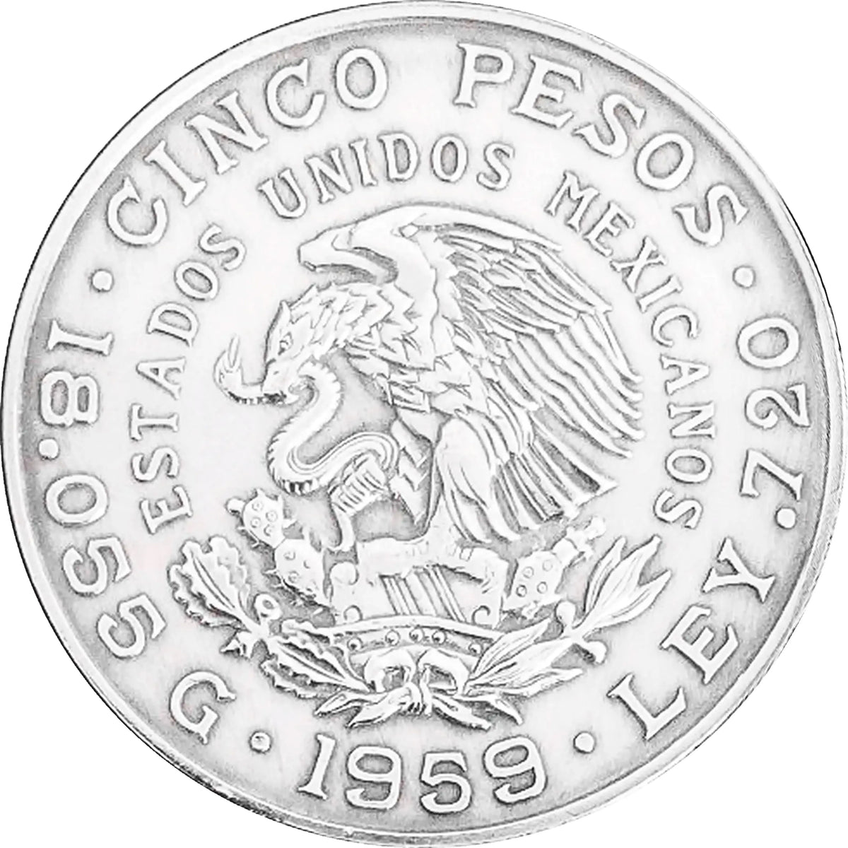Moneda de Plata 5 Pesos Año de Carranza 1959