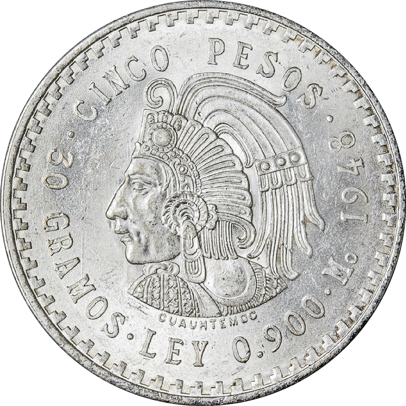 Moneda de Plata 5 Pesos Cuauhtémoc