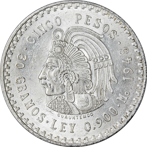 Moneda de Plata 5 Pesos Cuauhtémoc